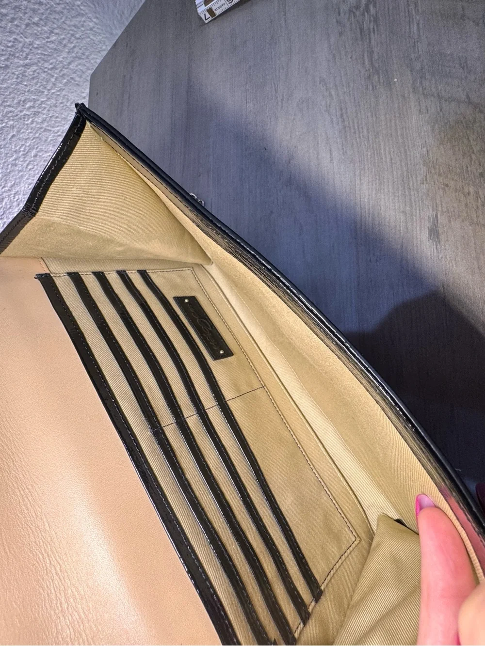 Halogen Black Patent Leather Wallet Clutch Crossbody Gold Chain Envelope Bag